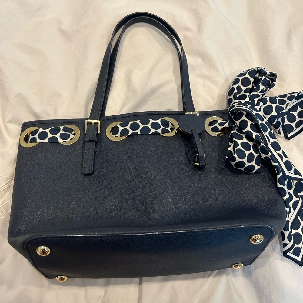 Michael Kors navy leather tote with polka dot scarf